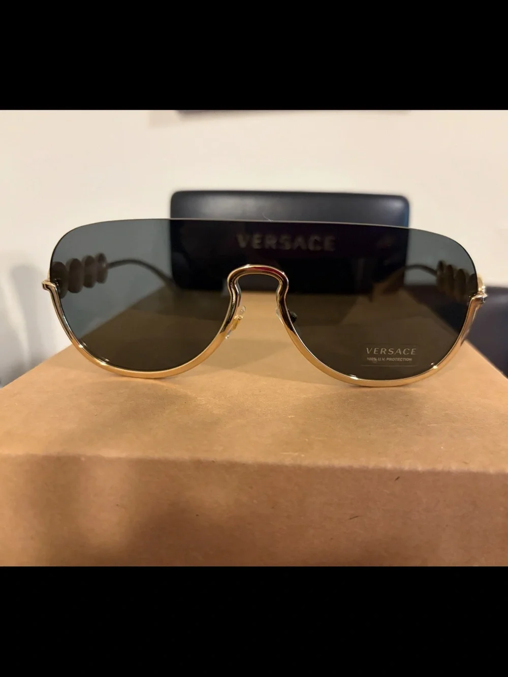 Versace Gold Medusa Coin Temple Sunglasses with Black Lenses
